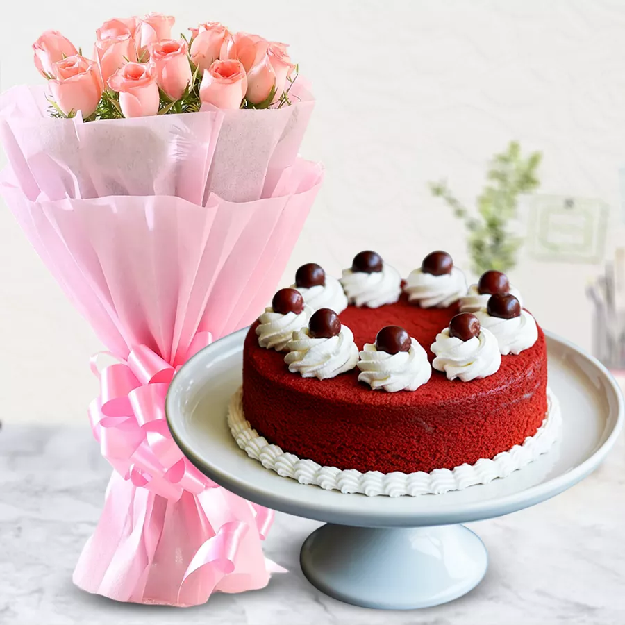 A beautiful bouquet of 10 pink roses alongside a rich red velvet cake, ideal for celebrating special moments.