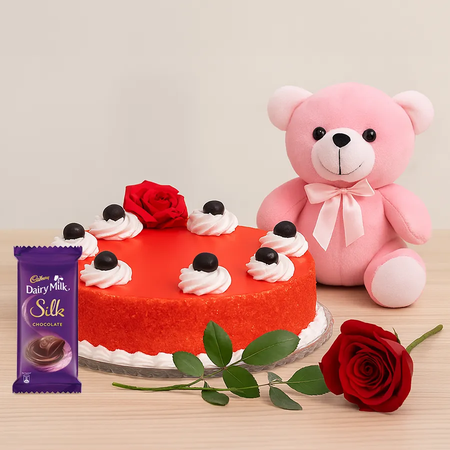 Heartfelt Gifting Delight Pack with rose, cake, chocolate, and teddy.