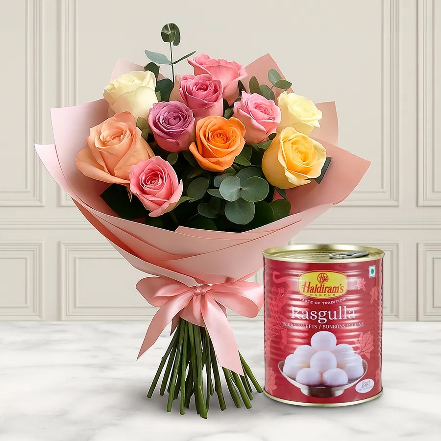 A beautiful combo pack featuring 10 mixed roses and 1 kg of Haldirams Rasgulla, perfect for gifting on special occasions.