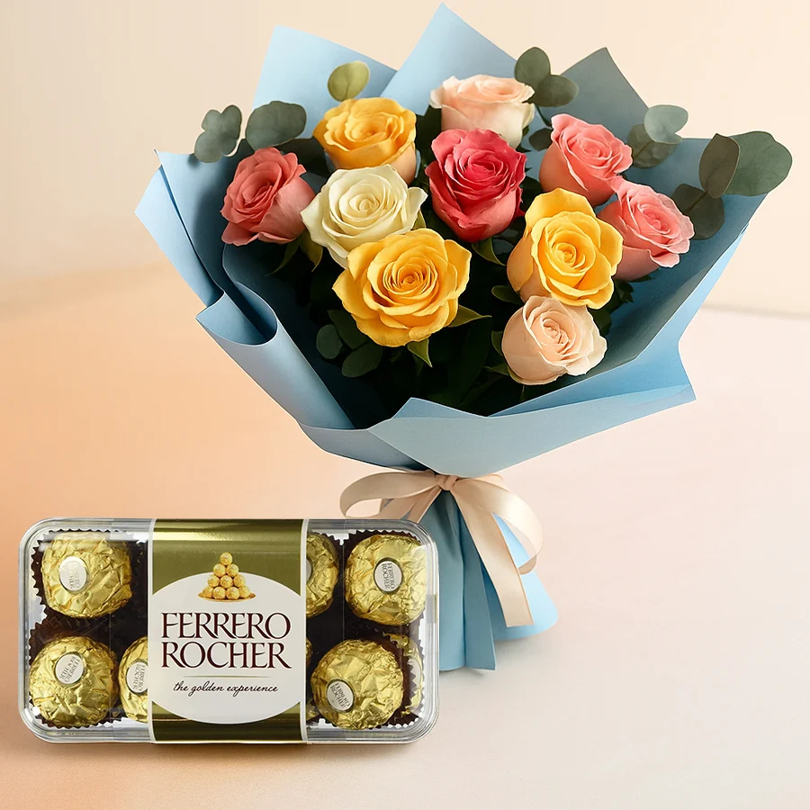 A stunning gift of 12 mixed roses paired with 16 Ferrero Rocher chocolates, perfect for celebrations and heartfelt expressions.