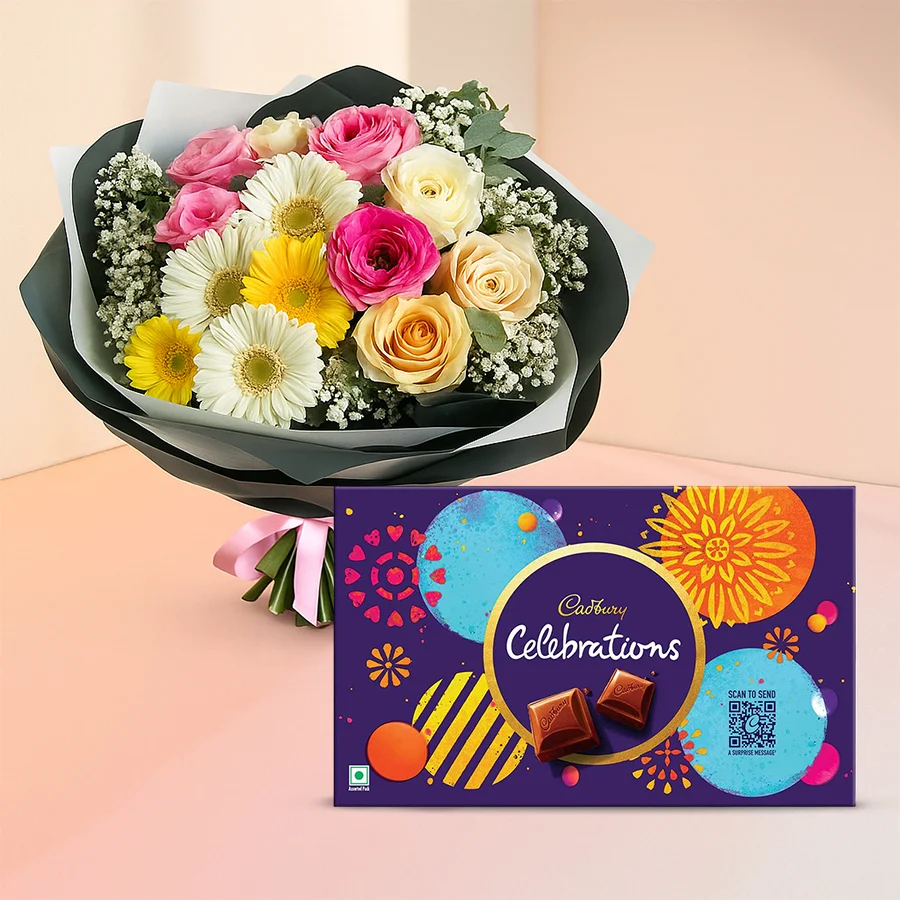 A vibrant bouquet of mixed flowers paired with a Cadbury Celebrations Pack, ideal for joyful celebrations.