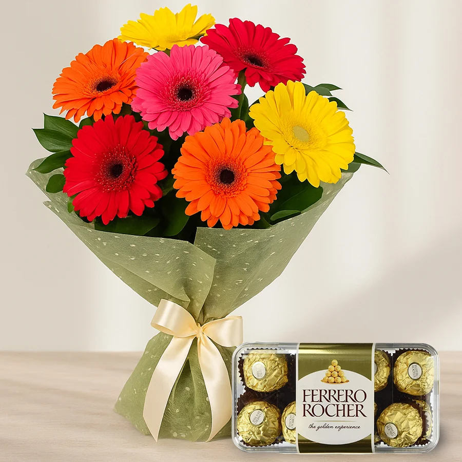 A cheerful combo of mixed gerberas and Ferrero Rocher chocolates for a delightful gift.