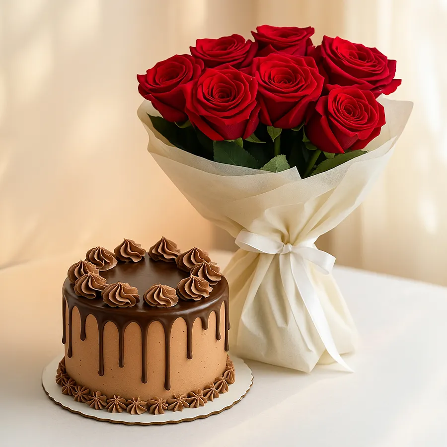 A beautiful bouquet of 10 red roses with a rich chocolate cake, ideal for birthday celebrations.