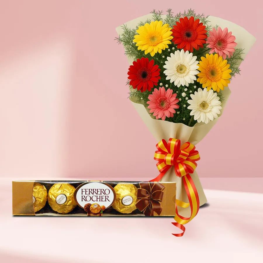 A beautiful bouquet of gerberas with Ferrero Rocher chocolates, perfect for celebrations.