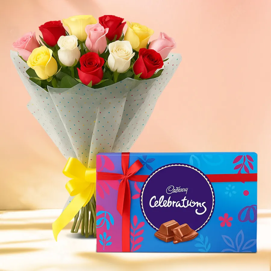 Enchanting mixed roses bunch with Cadbury Celebrations pack for a special occasion.