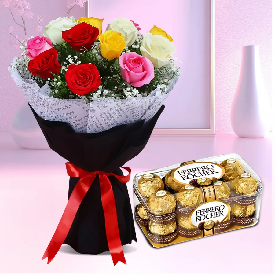 A vibrant bunch of 12 mixed roses alongside 16 Ferrero Rocher chocolates, ideal for anniversary celebrations.