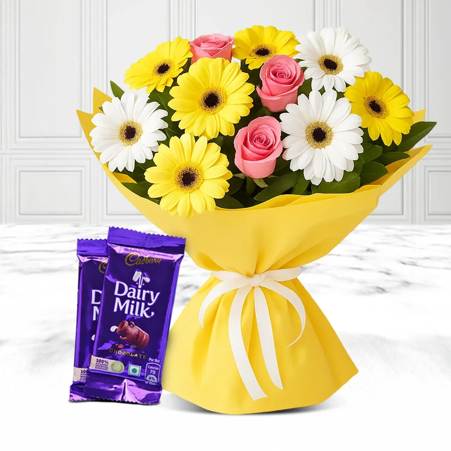 A beautiful bouquet of mixed flowers paired with Cadbury chocolates, perfect for celebrating anniversaries.
