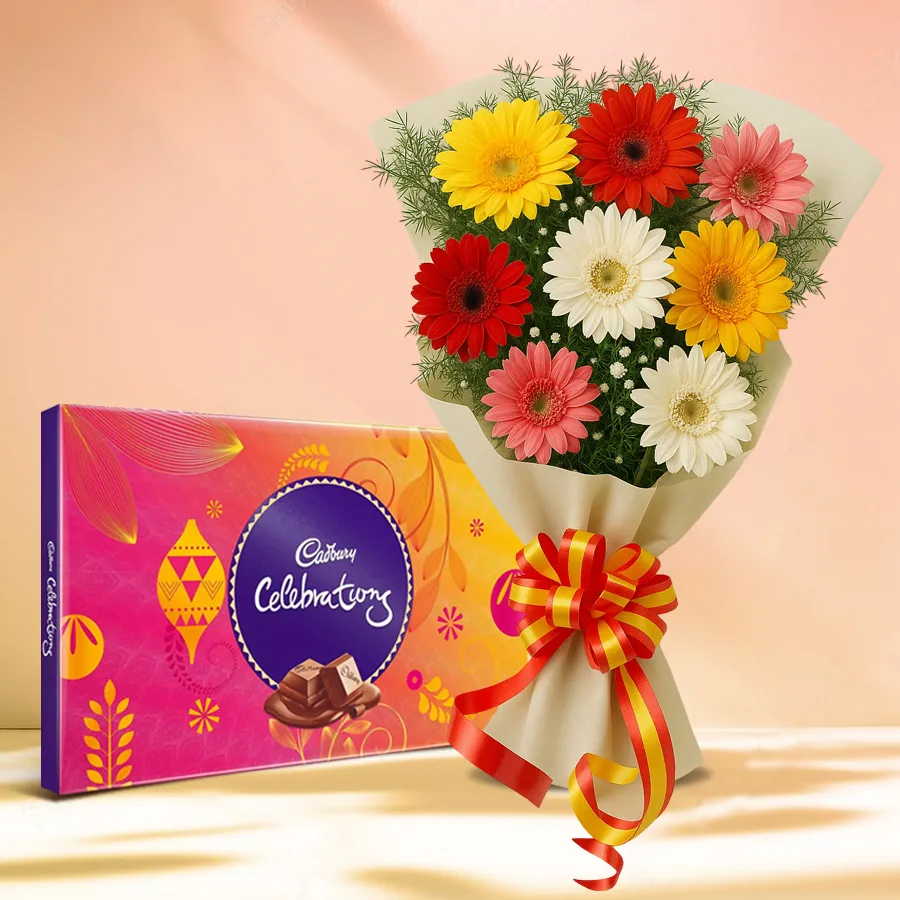Anniversary gift combo featuring 10 mixed gerberas and Cadbury Celebrations pack.
