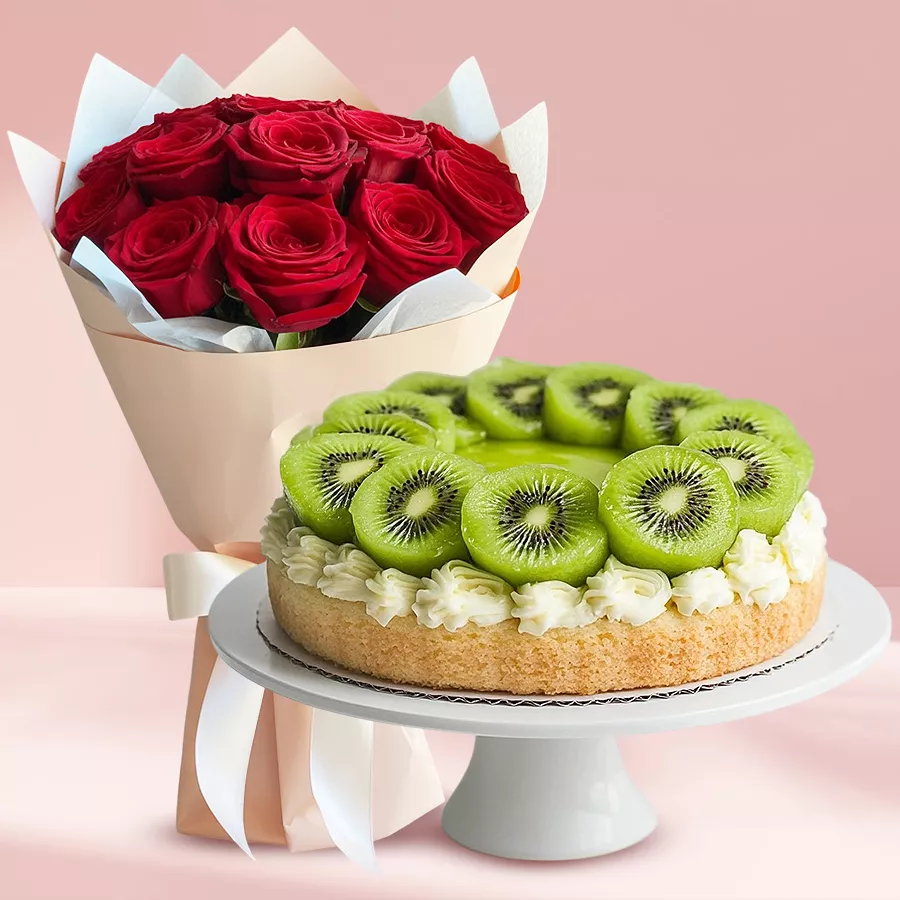A bouquet of ten red roses alongside a 1 kg kiwi cake, symbolizing love and celebration.