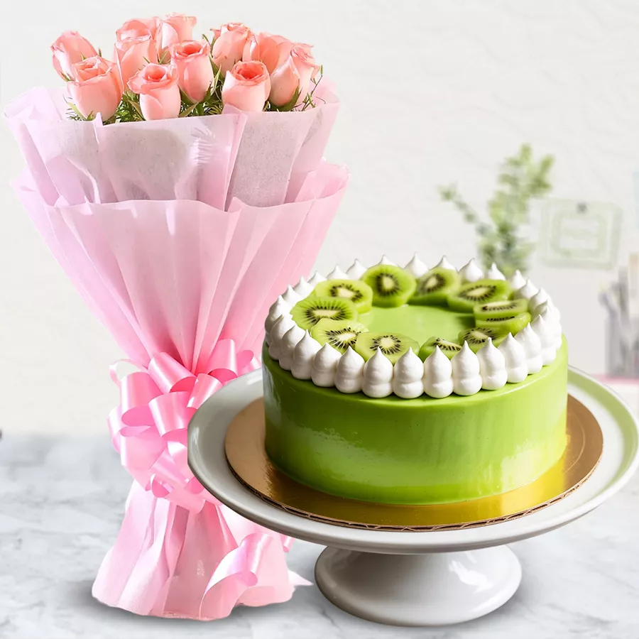 Bouquet of 10 pink roses accompanied by a 1 kg kiwi cake, perfect for Mother's Day gifting.