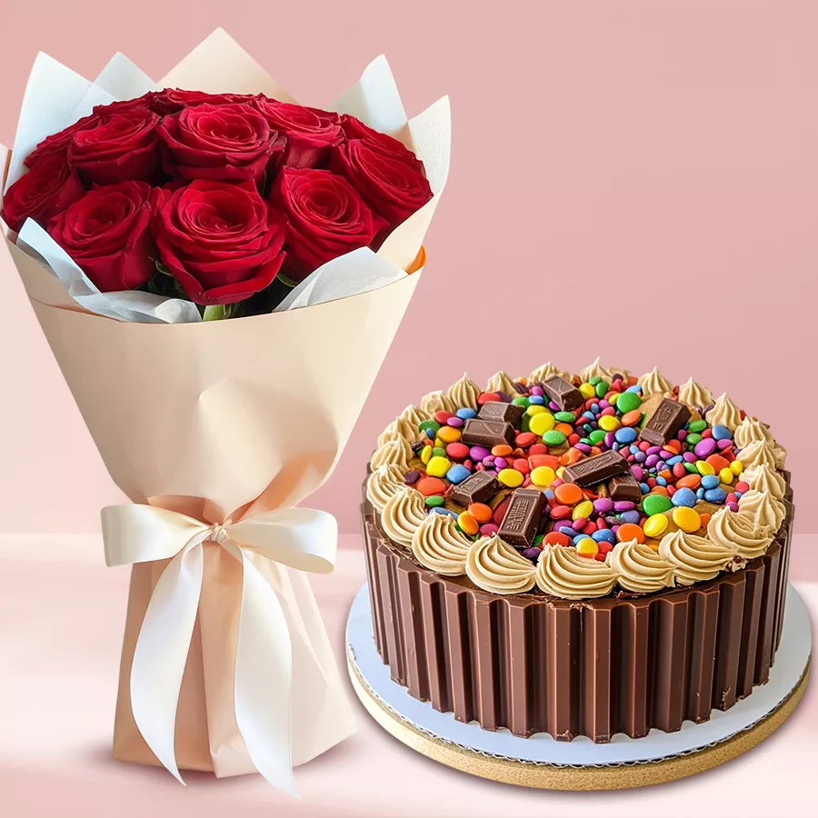 A beautiful bouquet of 10 red roses paired with a 1 Kg Kit Kat cake, perfect for romantic occasions.