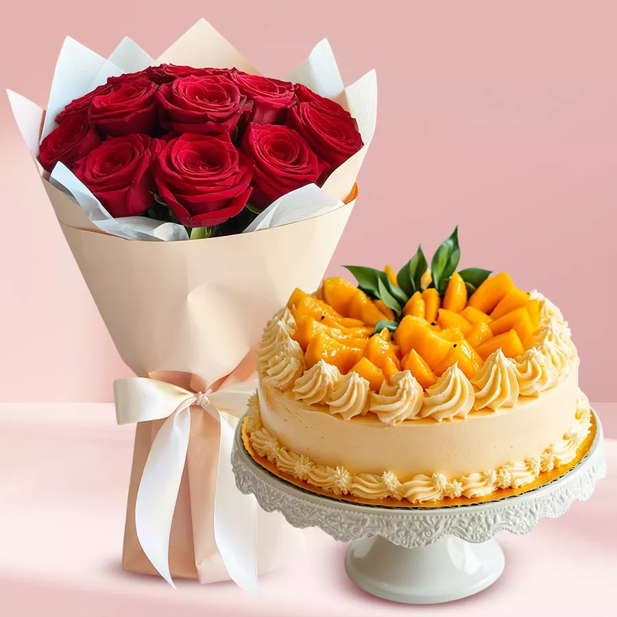 Beautiful bouquet of 10 red roses with a 1 kg mango cake, perfect for gifting.