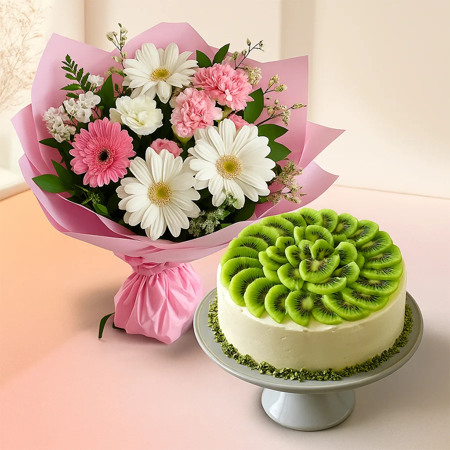 A delightful combo of a 12 Mixed Flowers Bouquet and a 2.2Lb Kiwi Cake, ideal for special celebrations.