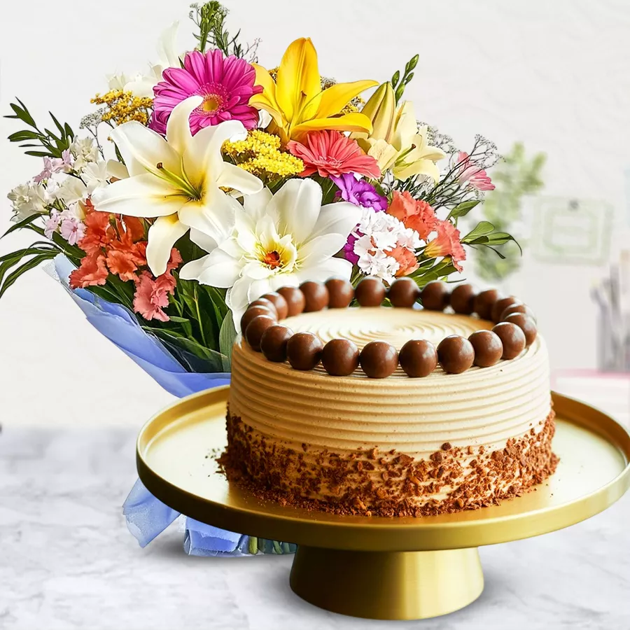 Beautiful 12 mixed flowers bouquet paired with a 1 kg coffee cake for Mother's Day celebration.