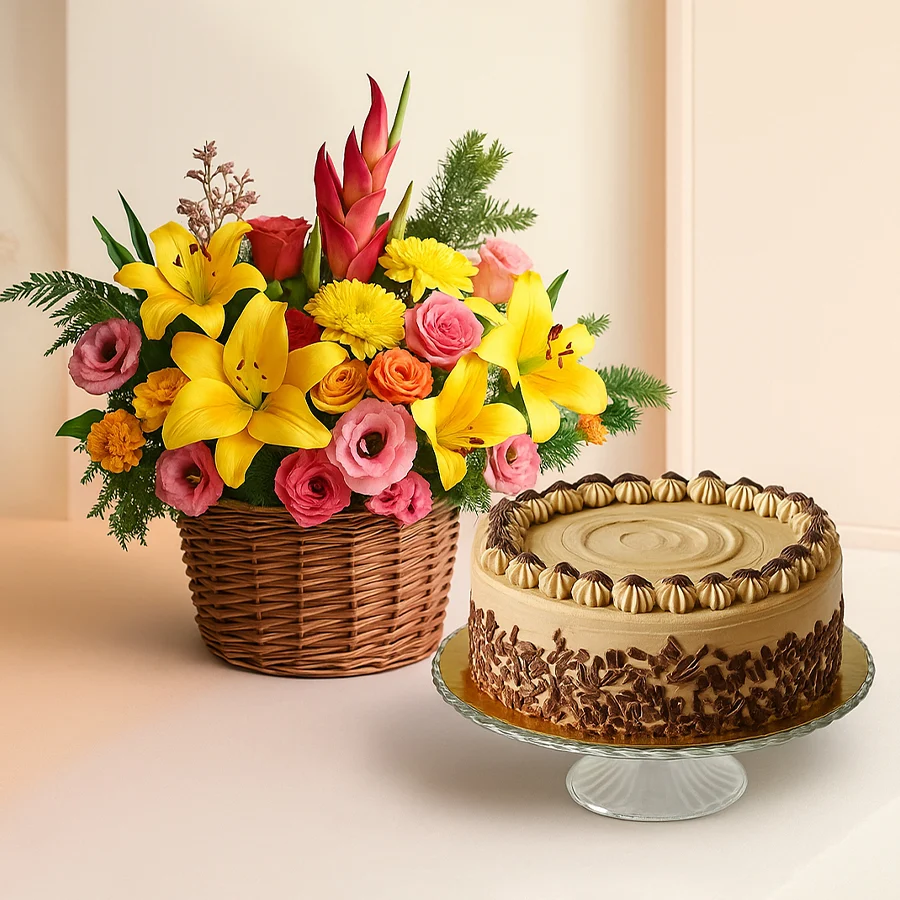 Colorful 15 mixed flowers arrangement paired with a delicious coffee cake.