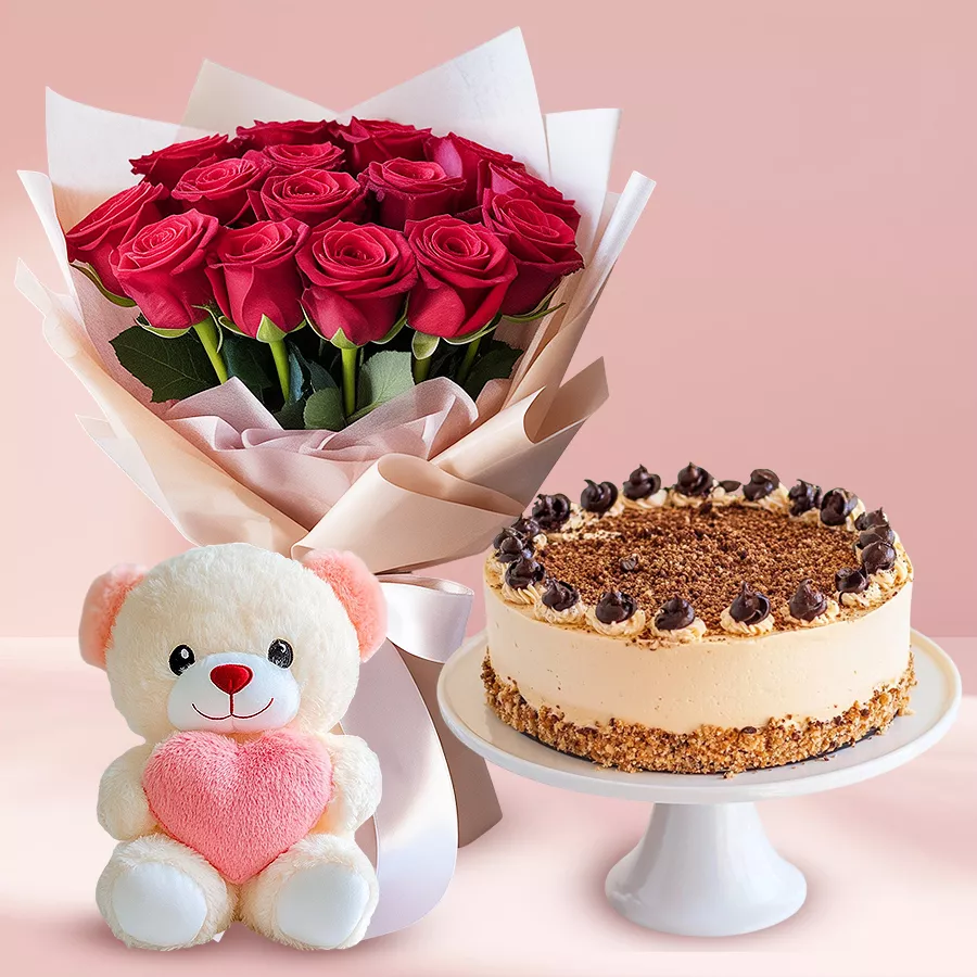 Gift combo featuring 10 red roses, coffee cake, and a small teddy bear.