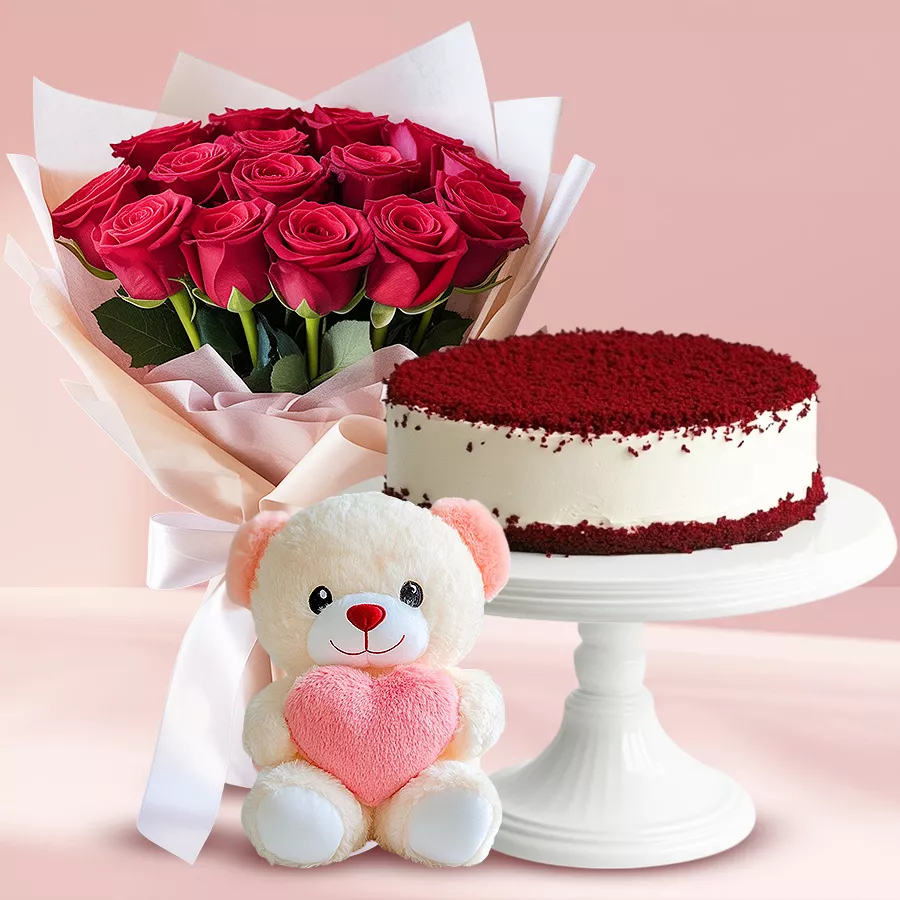 Irresistible Red Velvet Cake with red roses bouquet and teddy bear.