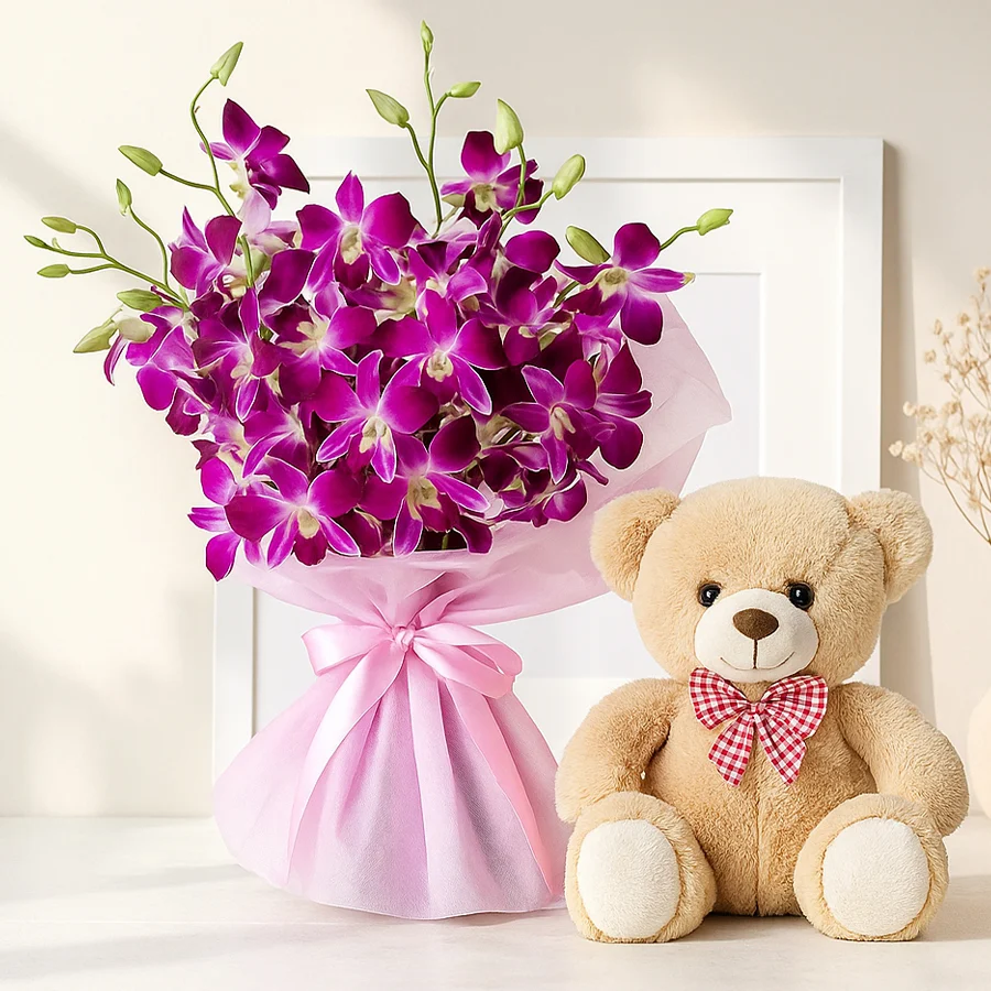 A delightful gift combo featuring 8 vibrant orchids and a cuddly 10-inch teddy bear, perfect for spreading joy.