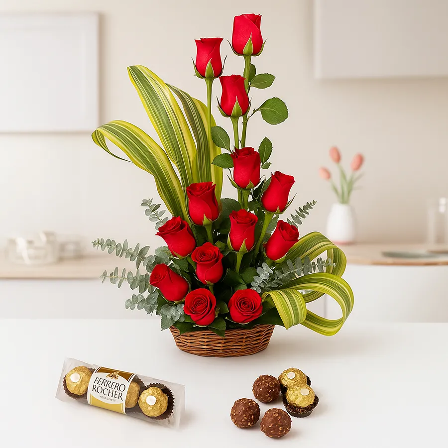 Arrangement of 15 red roses with 4 Ferrero Rocher chocolates, perfect for gifting.