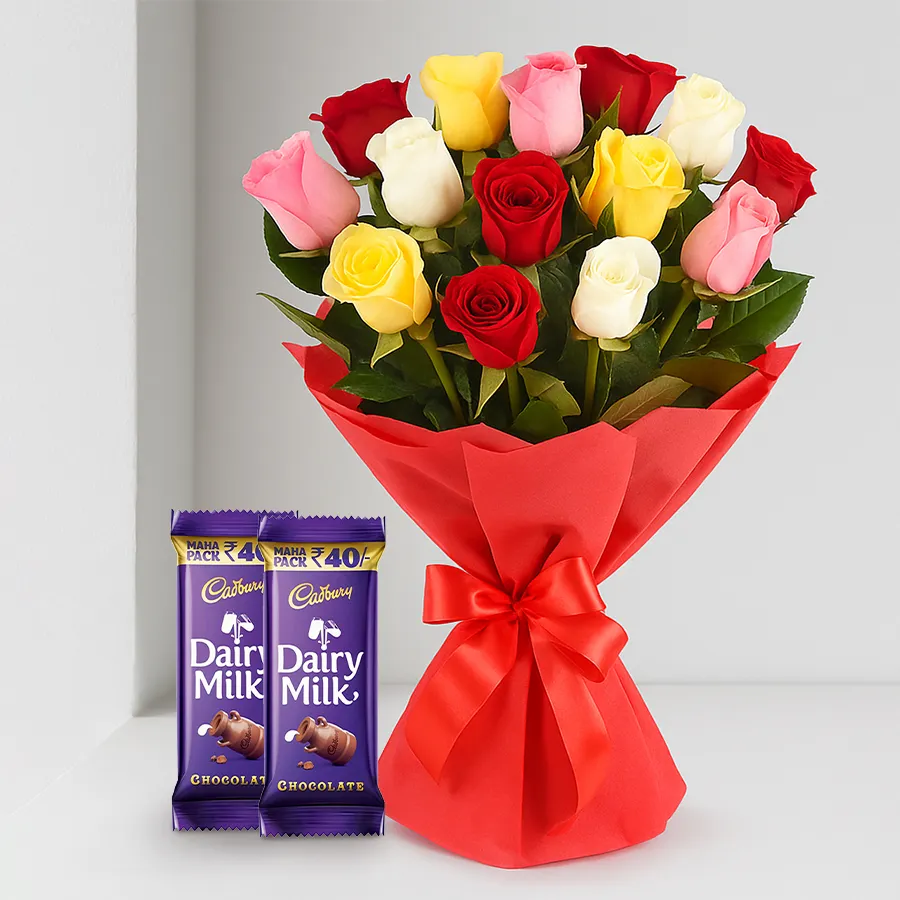 A bouquet of 12 long-stem mixed roses paired with a Dairy Milk Crackle chocolate bar.