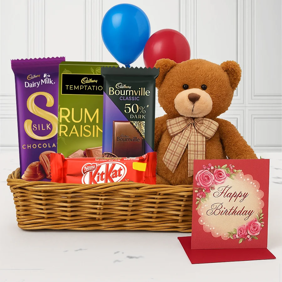 Birthday Bliss Basket filled with chocolates, a teddy bear, balloons, and a birthday card, ideal for gifting on special occasions.