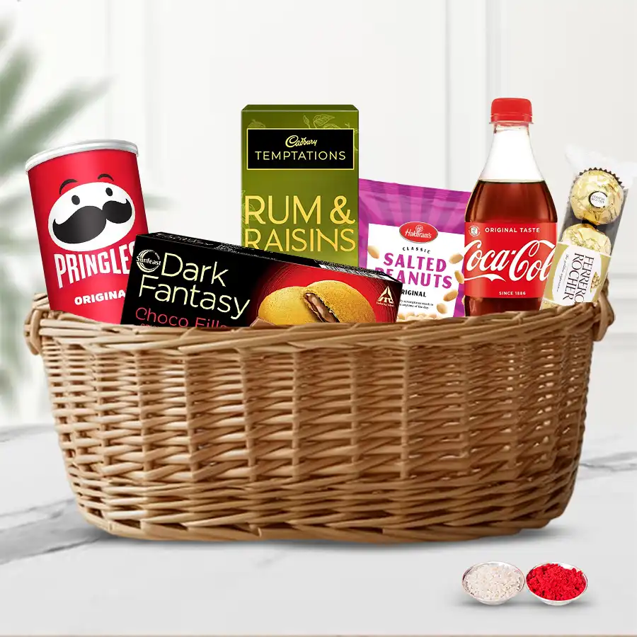 Gourmet Delight Surprise Basket featuring snacks and treats, perfect for gifting.