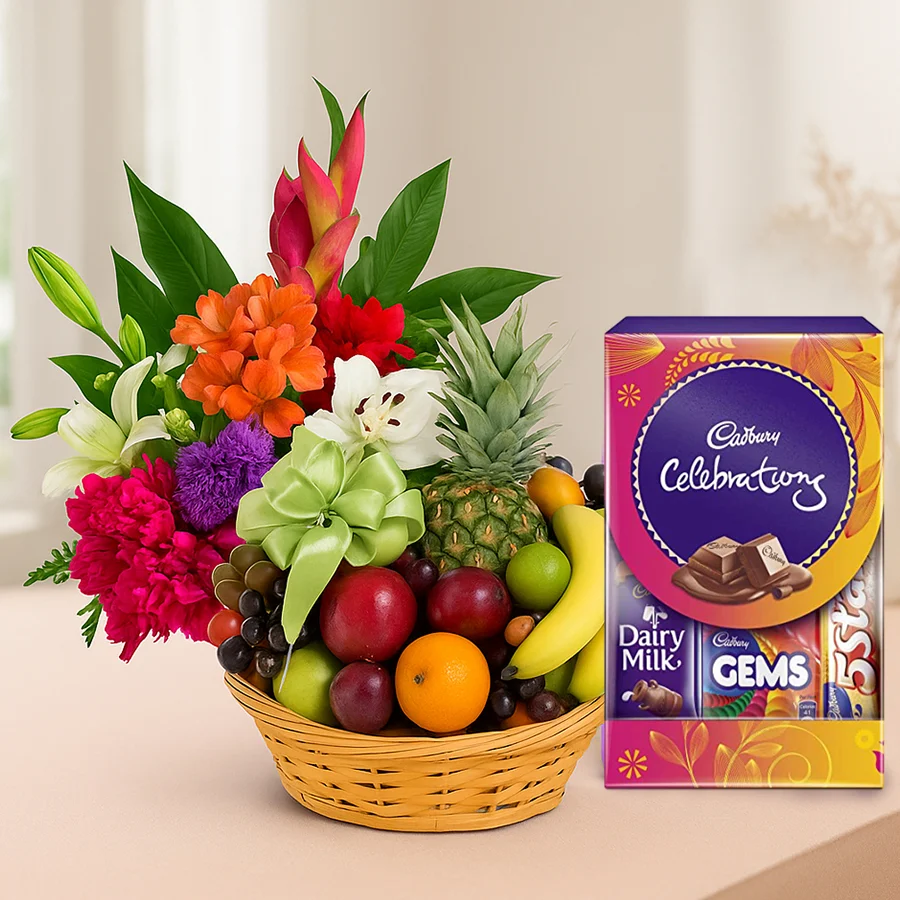 A vibrant gift combo of mixed fruits, flowers, and chocolates in an elegant presentation.