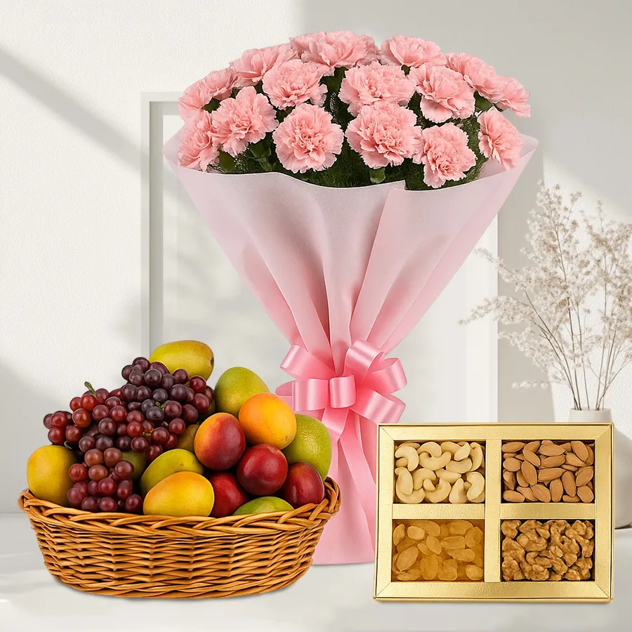 Gift set featuring 10 pink carnations, fresh fruits, and mixed dry fruits in an elegant arrangement.