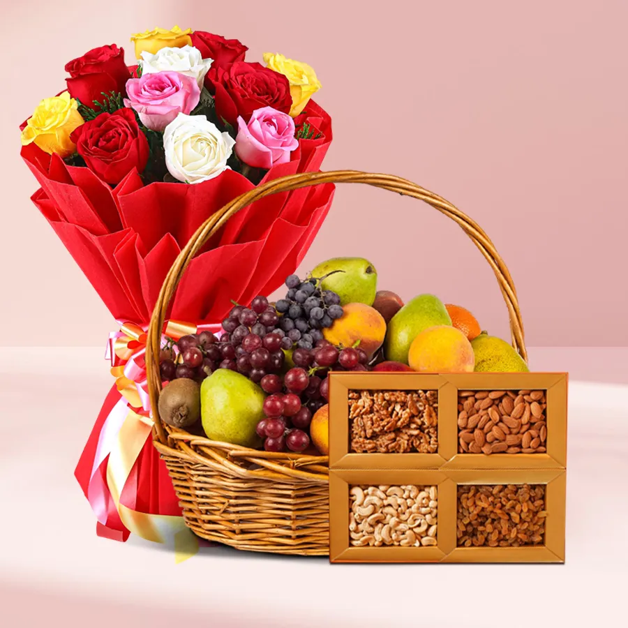 A vibrant wellness gift ensemble featuring mixed fruits, assorted dry fruits, a beautiful rose arrangement, and a get well card.