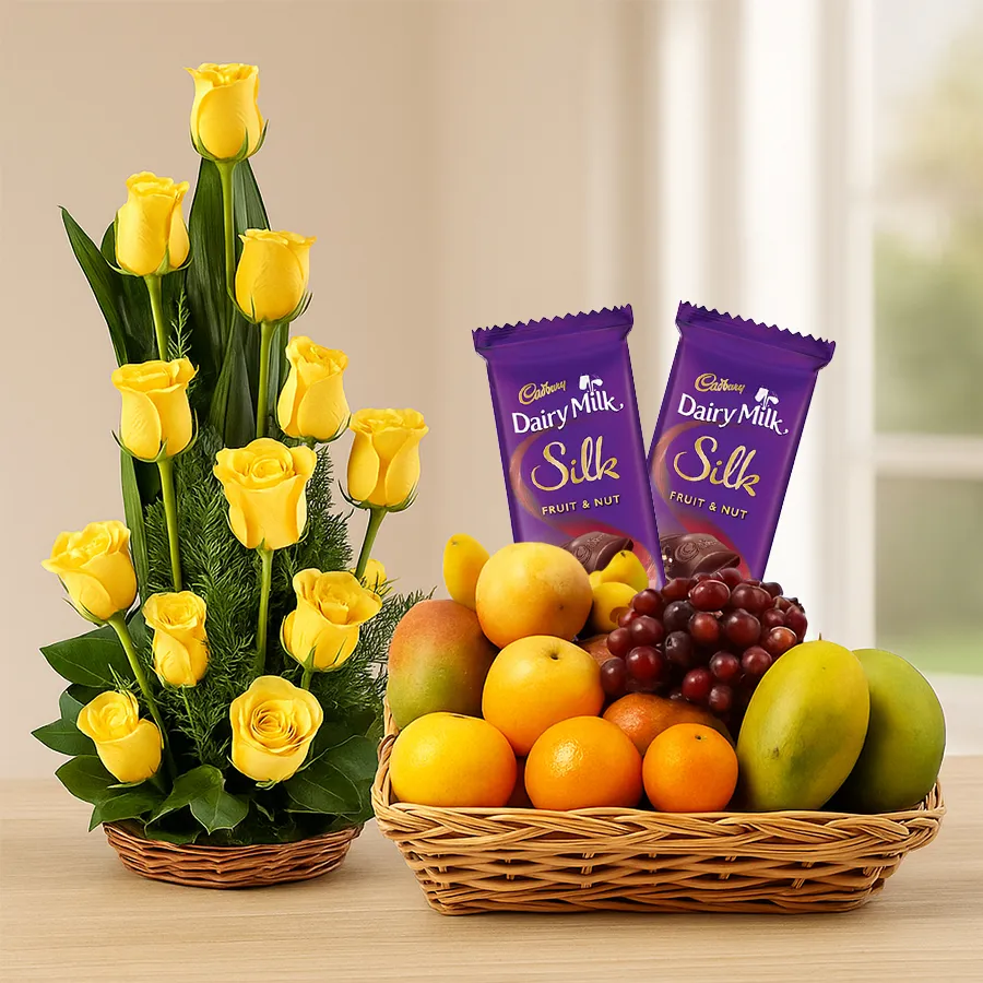 A cheerful gift combo featuring 15 yellow roses, a 3 kg mixed fruits basket, and two bars of Cadbury Dairy Milk Silk chocolate.