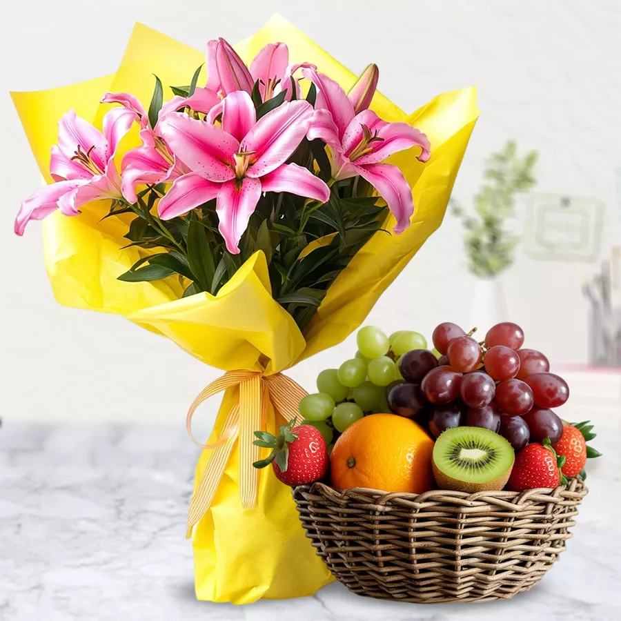 A beautiful combo of 8 lilies and a 2 kg fresh fruit basket, ideal for gifting on special occasions.