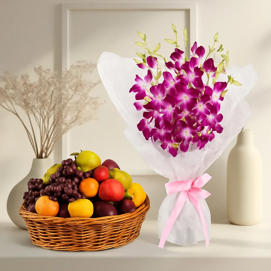 A beautiful arrangement featuring a 2 kg Fresh Fruits Basket alongside 8 vibrant Orchids, creating a delightful gift set.