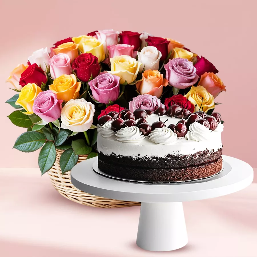 Fresh Black Forest Cake with a vibrant arrangement of mixed roses.