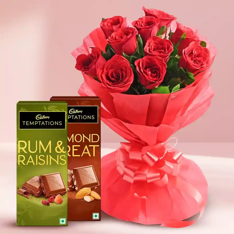 Bouquet of 10 red roses with 2 pieces of Cadbury Temptations chocolates.