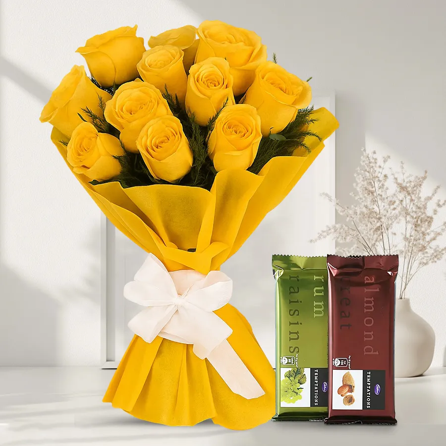 A vibrant bouquet of 12 yellow roses alongside 2 pieces of Cadbury chocolates, creating a perfect gift combination.
