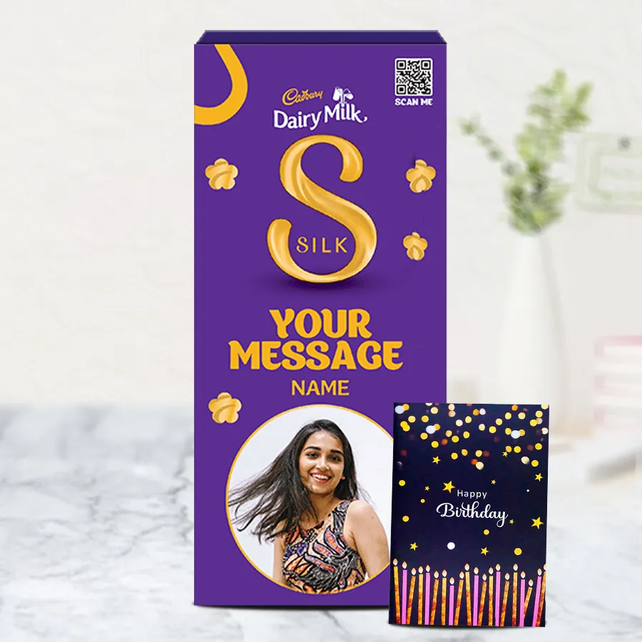 Personalized Cadbury Dairy Milk Silk Bar with a birthday card and customized photo