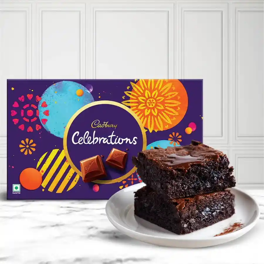 Two delicious brownies topped with Cadbury chocolates, perfect for gifting.