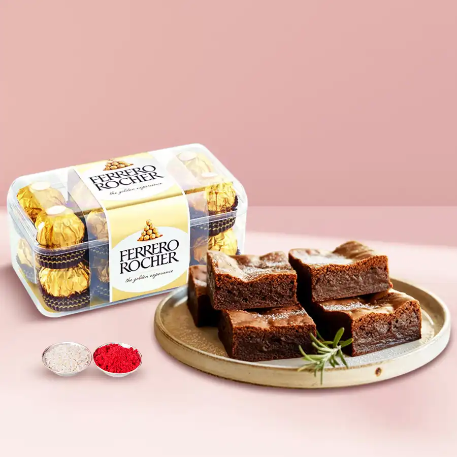 A delicious assortment of brownies and Ferrero Rocher chocolates, perfect for gifting.