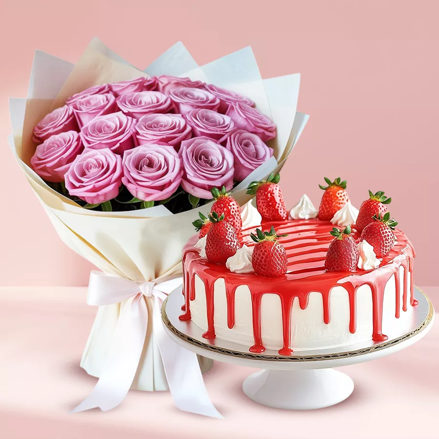 A beautiful gift combo featuring 10 pink roses and a delicious strawberry cake, perfect for celebrating special moments with your mom.