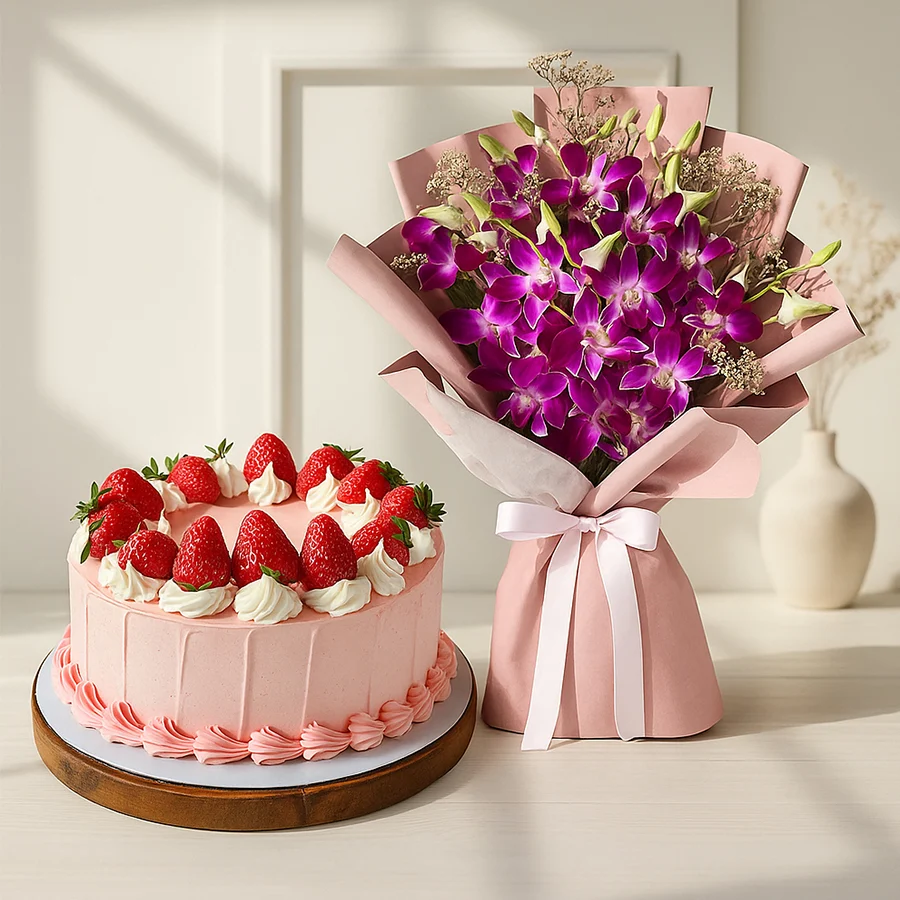 Enchanting Anniversary Treats Combo featuring a Strawberry Cake and bouquet of 8 orchids.