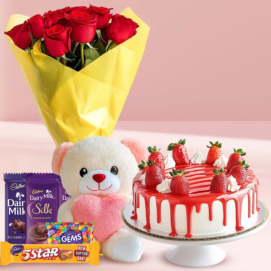 Gift combo featuring a strawberry cake, red roses bouquet, assorted chocolates, and a cute teddy for a birthday celebration.