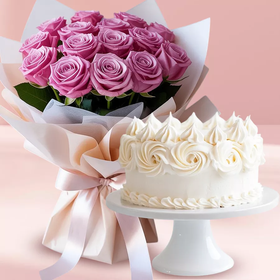1Lb vanilla cake accompanied by a bouquet of 10 pink roses.