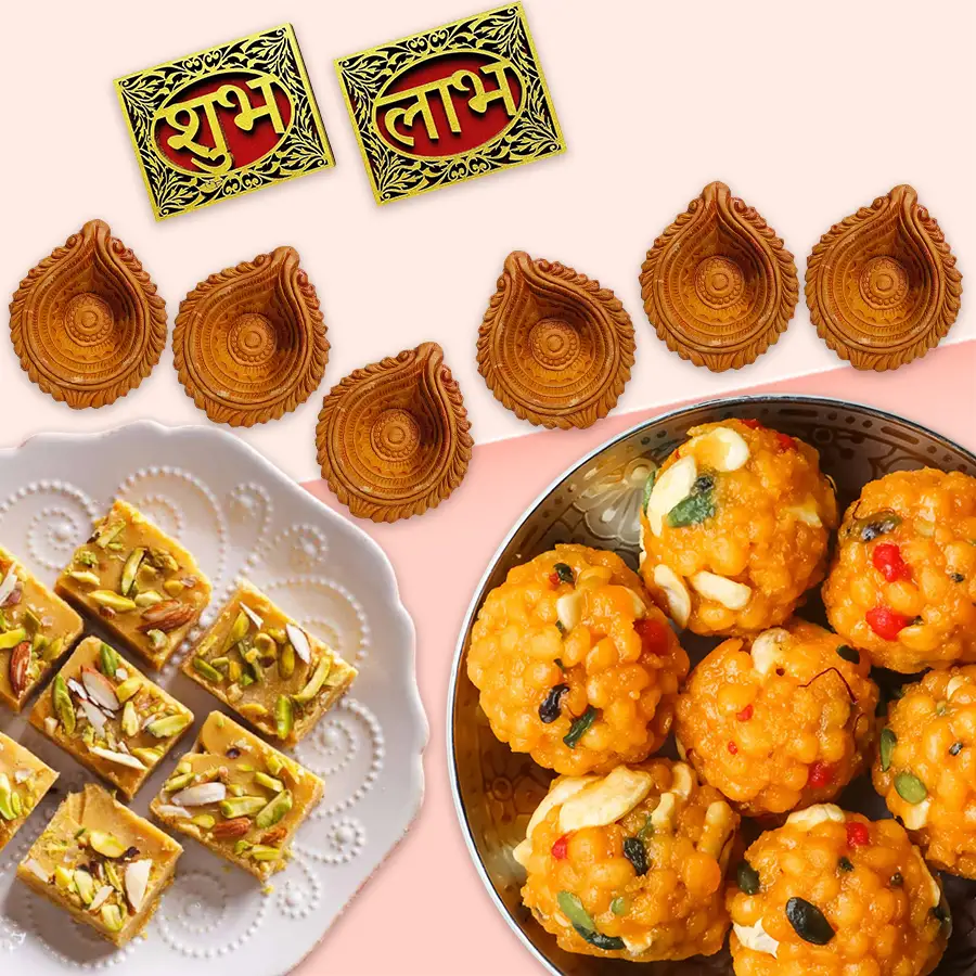 Diwali Delightful Sweets Gift Bundle featuring Soan Papdi, Boondi Ladoo, Mud Diyas, and a Subh Labh Wall Sticker for festive celebrations.