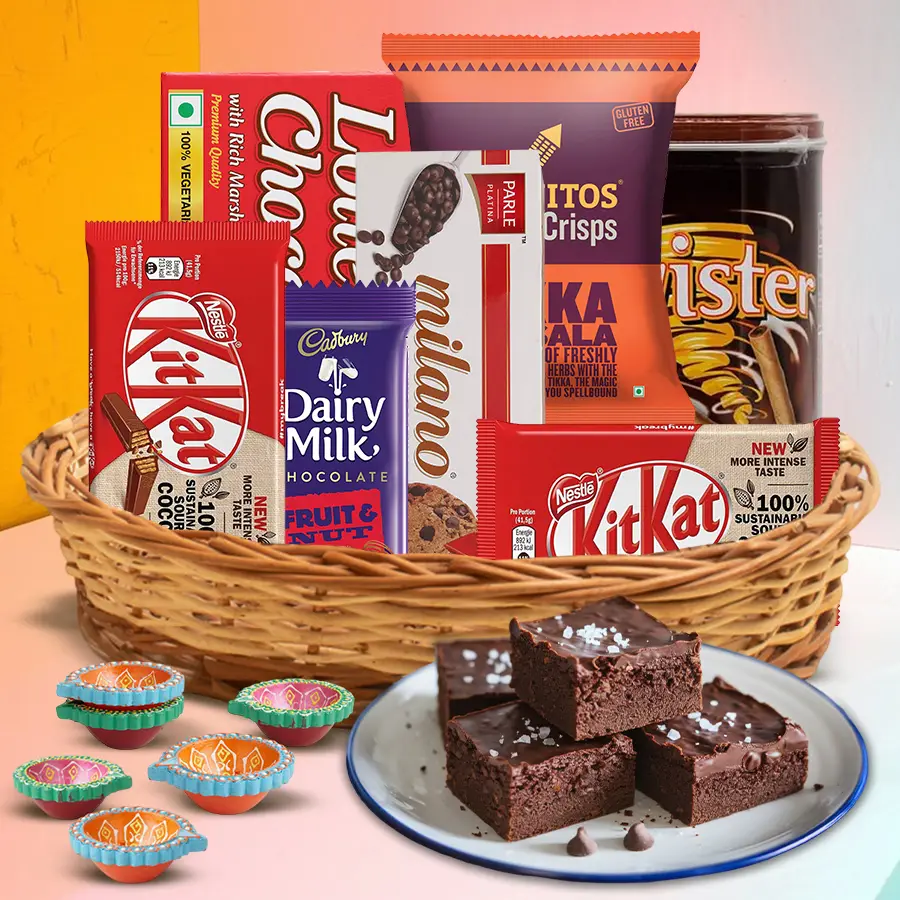 Delightful Diwali Choco Surprise Hamper featuring assorted sweets and treats in a festive basket.