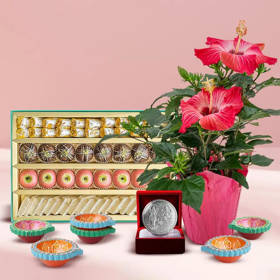 Diwali Eco Gift Set featuring Hibiscus plant, sweets, diyas, and a silver plated coin.