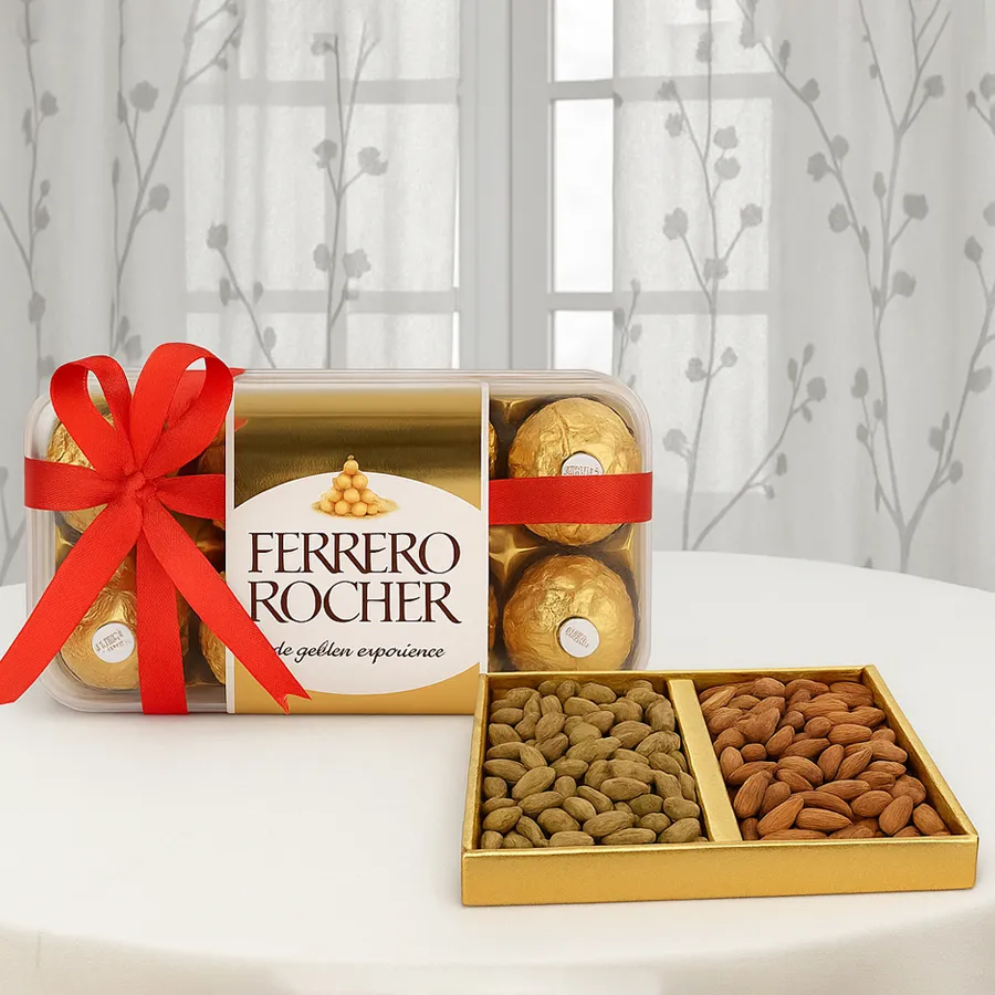Sweet Treats for Mom featuring Ferrero Rocher chocolates and assorted dry fruits.