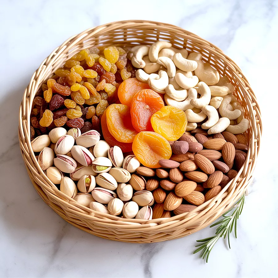 Healthy Basket of Dried Nuts for Mother's Day with almonds, cashews, walnuts, raisins, peanuts, and apricots.