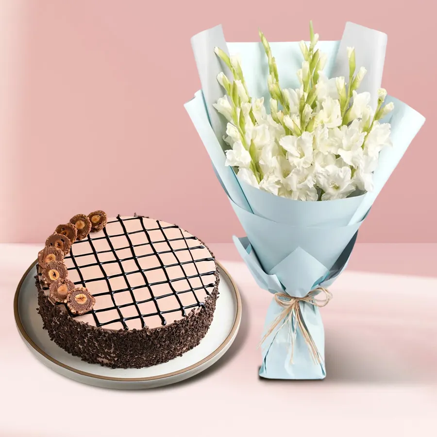 Amusing Gladiolus Bouquet with Chocolate Cake gift set.
