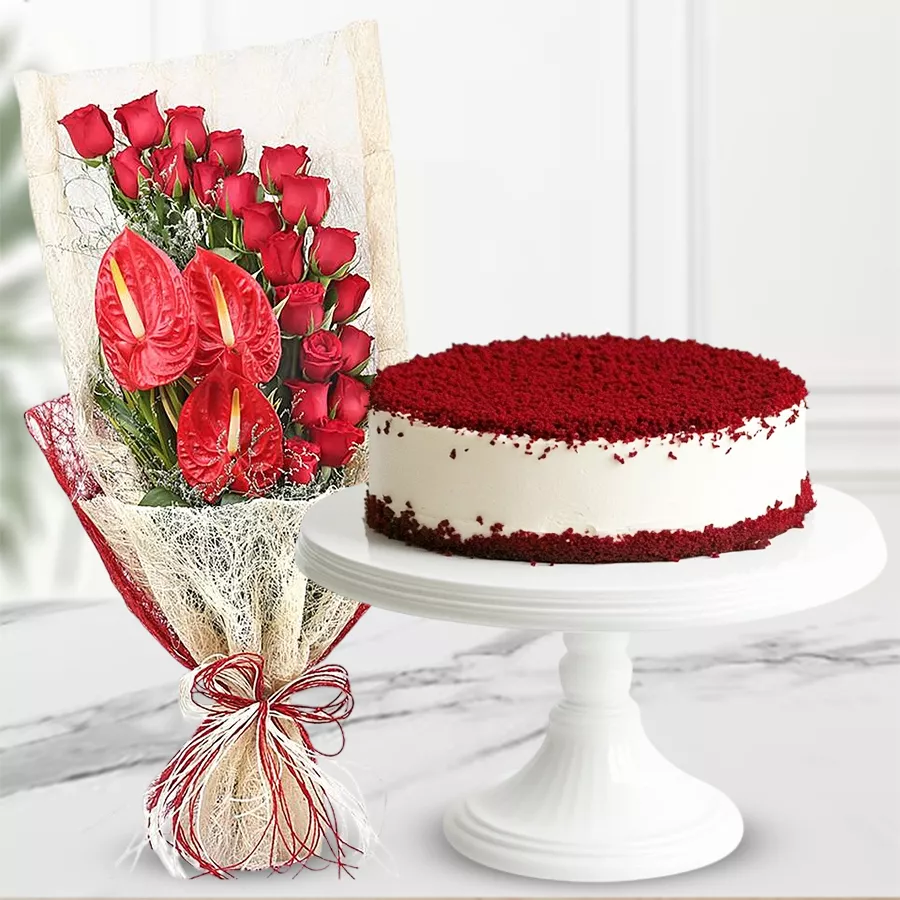 Blissful Red Romance Ensemble with roses, anthuriums, and red velvet cake.