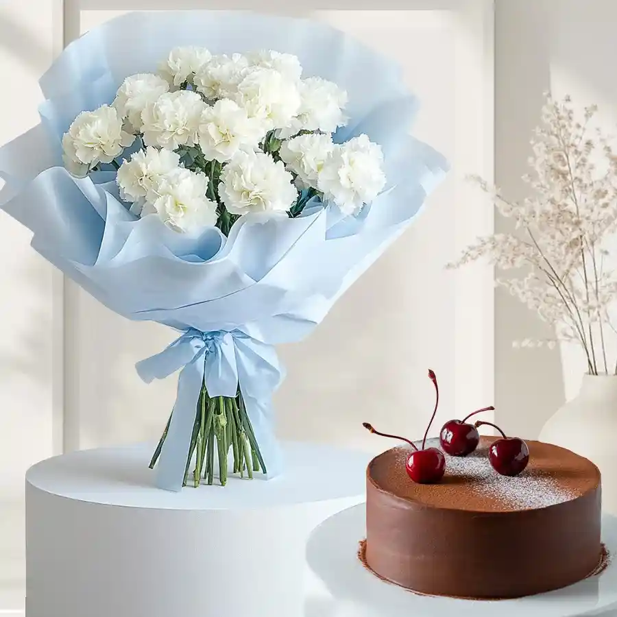 Elegant bouquet of 20 white carnations with a round chocolate truffle cake. Perfect for celebrations and heartfelt gestures.